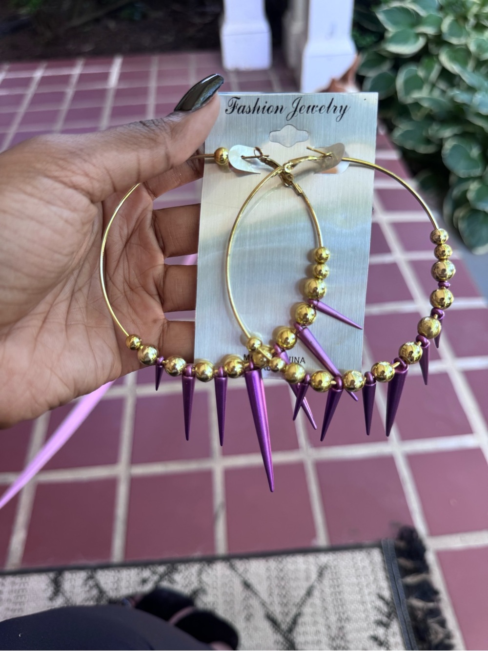 Fashion Jewelry Gold Hoop Earrings with Purple Spike Beads